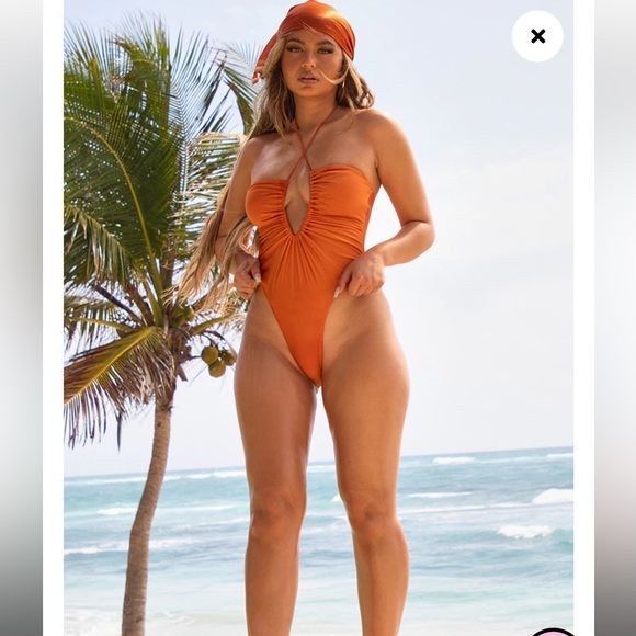 PrettyLittleThing Other - **NEW WITH TAGS** RUST SCOOP NECK RUCHED SWIMSUIT